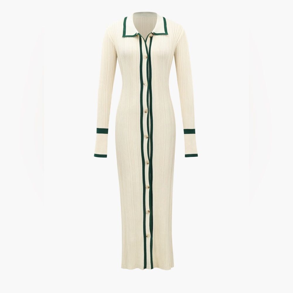 Micas Elegant Cream Ribbed Knit Maxi Cardigan Dress with Contrast Trim size M - Picture 7 of 11